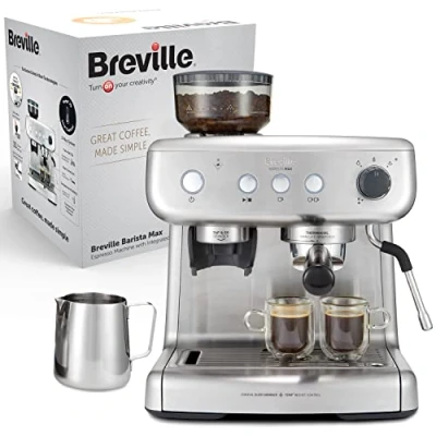Abbildung von Breville Barista Max Siebträgermaschine Espressomaschine/Kaffeemaschine mit integriertem Mahlwerk und Milchaufschäumer 2,8 l Wasserbehälter Italienische Pumpe 15 Bar Edelstahl [VCF126X]