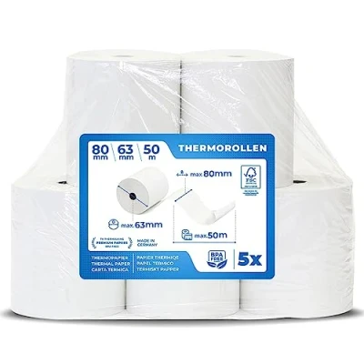 Abbildung von 5 Stk. Premium Thermorollen 80mm x 63mm 12mm 50 m Thermopapier Bonrollen (80 63 12) zertifiziert für Kassen Drucker wie IBM, Metapace uvm.