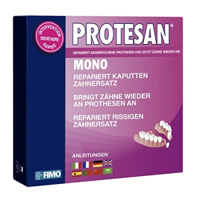 Abbildung von Protesan Mono Reparierer von gebrochenem, gesprungenem Zahnersatz, der einen Zahn fehlt