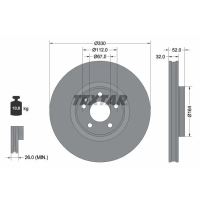 Abbildung von TEXTAR 92334903 Bremsscheibe 330 32 05/06 112 innenbelüftet beschichtet ohne Radbefestigungsbolzen, Radnabe MERCEDES BENZ: V Class