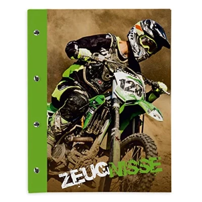 Abbildung von itenga Zeugnismappe mit Buchschrauben erweiterbar für Kinder Jugendliche Erwachsene Mädchen Jungen Schüler (Motocross Motorrad)