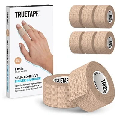 Abbildung von TRUETAPE Fingerpflaster 8x Rollen selbsthaftende Pflaster für die Finger (2,5cm x 4,5m) Tape Verband selbstklebend I Schmutzabweisendes Pflasterband schmale Haftbandage (Beige)