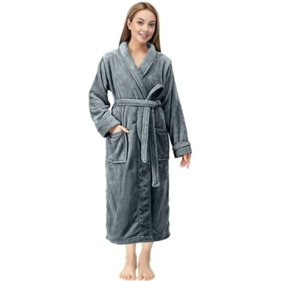 Abbildung von NY Threads Damen Bademantel, Fleece, Schalkragen, lang, Plüsch, grau dunkel, Large