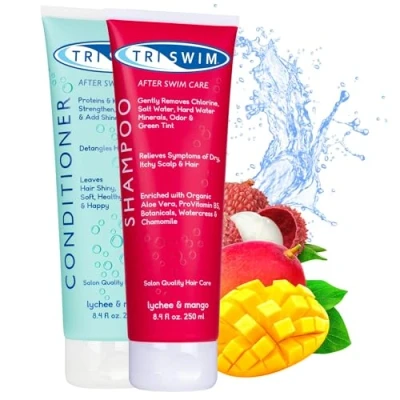 Abbildung von TRISWIM Anti Chlor Kosmetikpaket für Schwimmer, Chlorentfernung nach dem Schwimmen, Shampoo und Intensiv Regenerierende Conditioner Haar, Haarshampoo Wäscht Poolchemikalien 2x250ml