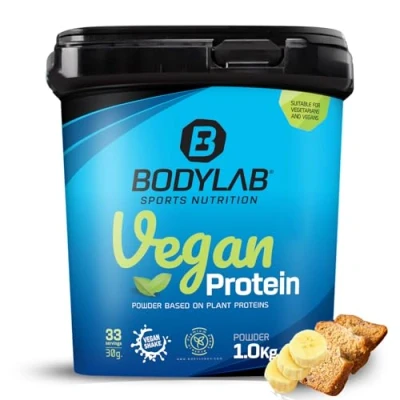 Abbildung von Bodylab24 Vegan Protein Bananenbrot 1000g, 100% veganes Proteinpulver aus Ackerbohnen, Erbsen und Kürbiskernprotein, mit 80g Eiweiß je 100g Pulver, ideal für den Muskelaufbau erhalt