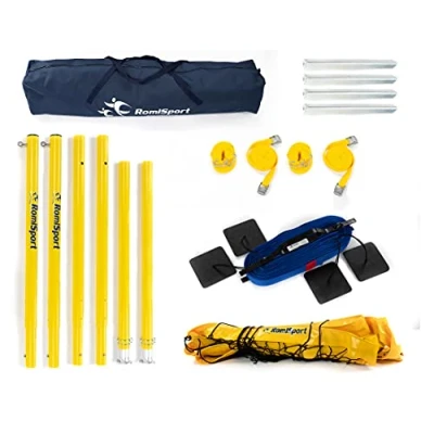 Abbildung von RomiSport Set für Volleyball Beachvolleyball komplettes Netz + Pfosten Feldmarkierung Courtline, 8,5 m Volleyballnetz Outdoor im Freien Beach Grass Park Veranstaltungsorte