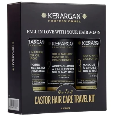Abbildung von Kerargan Reiseset gegen Haarausfall Rizinusöl für Haarwachstum, reduziert Ausdünnung, stärkt trockenes/brüchiges haar, ohne Sulfate, Parabene, Silikone 3x100ml