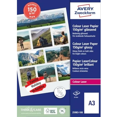 Abbildung von Avery Zweckform Art. 25983 100 Business Colour Laser Papier (50 Blatt, 150 g/m², DIN A3, glänzendes Druckerpapier, beidseitig beschichtet, wischfest, Flyerpapier für Drucker &amp; Kopierer) weiß
