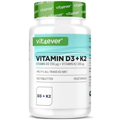Abbildung von Vitamin D3 10.000 I.E + K2 200 mcg Menaquinon MK7 Depot 100 Tabletten 99,7+% All Trans (K2VITAL® von Kappa) Laborgeprüft Vegetarisch Hochdosiert Premium Qualität