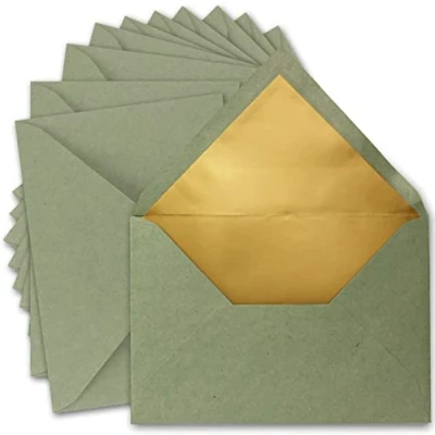 Abbildung von 75x DIN C5 Kuverts 15,6 x 22 cm aus Kraft Papier in Grün mit goldenem Seidenfutter Nassklebung Blanko Brief Umschläge Recycling Serie UmWelt