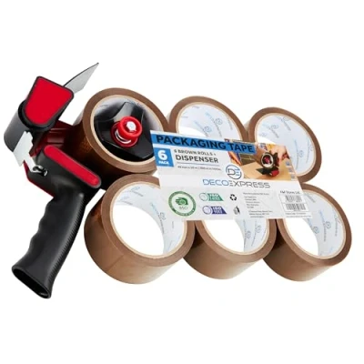 Abbildung von DECO EXPRESS Paketklebeband mit Handabroller Set, Handheld Paketbandabroller und Rollen zum Verpacken Extra Strong PVC Klebebändern (Spender Braun, 1er Pack)