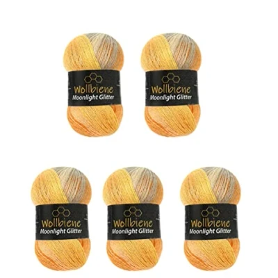 Abbildung von Moonlight Glitter Batik Simli 5 x 100g Strickwolle 500 Gramm Wolle zum Stricken und Häkeln 20% Metallic türkische Farbverlaufswolle Glitzerwolle (4000 orange gelb grau)