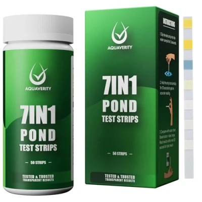 Abbildung von AQUAVERITY 7 in 1 Teststreifen Teichwasser Präzises Teichwassertest Set Für pH Wert, Nitrat, Nitrit, Karbonat, Härte, Gesamt und freies Chlor alle Gartenteiche 50 Streifen