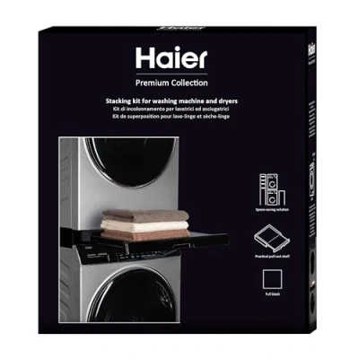 Abbildung von Haier Premium Universal Zwischenbaurahmen für Waschmaschinen und Trockner, platzsparend, mit schwarzem Anti Kipp Ausziehboden, perfekt schwarze Trockner