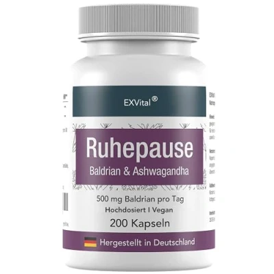 Abbildung von EXVital Ruhepause, mit Baldrian &amp; Ashwagandha, Hochdosiert 500 mg pro Tagesdosis, 200 vegane Kapseln reichen für 100 Tage! Frei von Zusätzen in Deutschland hergestellt