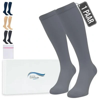 Abbildung von 360 Relief Kompressionsstrümpfe Damen und Herren 1 Paar Kompressionssocken Einfarbig für Sport, Laufen, Flug, Reise, Joggen, Radsport, Kniestrümpfe, XXL Grau mit Wäschenetz