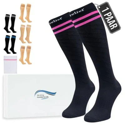Abbildung von 360 Relief Kompressionsstrümpfe Klasse 1 für Damen und Herren 15 20 mmHg Stützstrümpfe langstreckenflug, Reise, Sports, Running, Laufen Paar Kompressionssocken L/XL Schwarz mit Wäschenetz
