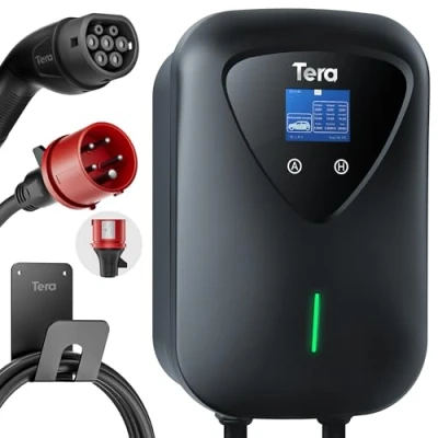Abbildung von Tera EV Ladegerät Typ 2 11KW Heim Ladestation Wallbox Ladekabel Elektroauto mit Kabelhalterung 3 Phasen CEE Stecker 16A 5PIN 6,5m Kabel für EVs und PHEVs Modell A04 Schwarz