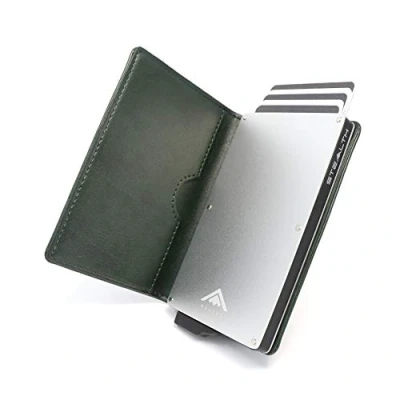 Abbildung von Stealth Wallet RFID Kartenportmonai Herren Minimalistische Pop Up Portemonnaies mit Geschenkbox Leichte Metall Kreditkartenhalter für Männer (Silbernes Aluminium, Grünes Leder)