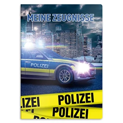 Abbildung von itenga Zeugnismappe mit Motiv DIN A4 stabile Dokumentenmappe Sichtbuch für Zeugnisse 20 Hüllen Kinder Jugendliche Schüler Mädchen Jungen (Motiv Polizei)