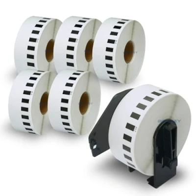 Abbildung von BETCKEY 6 Rollen DK 22210 Endlosetiketten (Papier) Kompatibel mit Brother, 29mm x 30.48m, Etiketten für Brother QL Etikettendrucker (1 Wiederverwendbare Etikettenhalter)