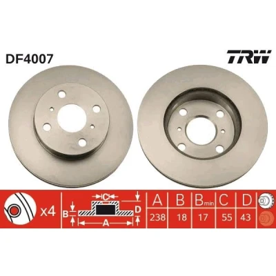 Abbildung von TRW DF4007 Bremsscheibe 238 18 4 100 Belüftet lackiert TOYOTA: Starlet V Hatchback, Paseo Coupe, IV Hatchback