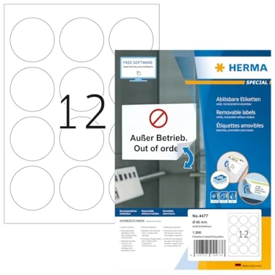 Abbildung von HERMA 4477 Universal Etiketten ablösbar rund, 100 Blatt, Ø 60 mm, 12 pro A4 Bogen, 1200 Stück, selbstklebend, bedruckbar, matt, blanko Papier Klebeetiketten Aufkleber, weiß