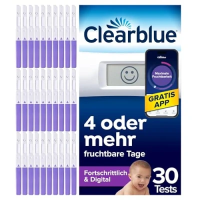 Abbildung von Clearblue Kinderwunsch Ovulationstest Kit, 30 Tests + 1 digitale Testhalterung, Fruchtbarkeitstest für Frauen / Eisprung, Fortschrittlich &amp; Digital (testet 2 Hormone), schneller schwanger werden
