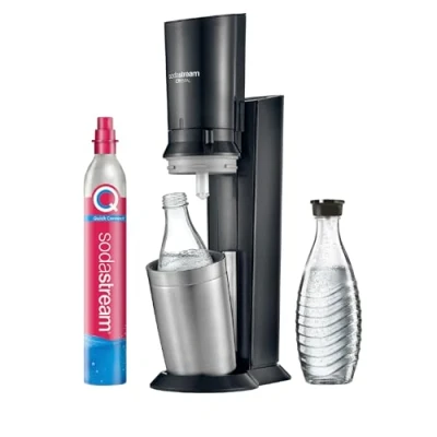 Abbildung von SodaStream Crystal 3.0 Wassersprudler mit 1x Quick Connect CO2 Zylinder und 2X Glaskaraffen, Silber, Schwarz, Titan, 45 cm