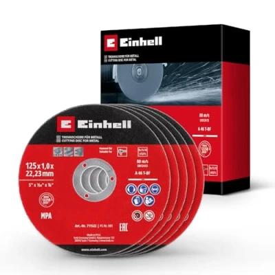 Abbildung von Original Einhell 5 tlg. Dünntrennscheiben Set für Metall, Ø 125 mm (1 Stärke, MPA zertifiziert, hohe Lebensdauer, präzise, gratarme Schnitte, Winkelschleifer)