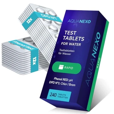 Abbildung von AQUANEXO Test Tabletten für Pool pH und Chlor, 120 Phenol red + DPD 1 Tabletten, Testtabletten Chlor wert, Pooltester, Messtabletten Tester, Zubehör (240)