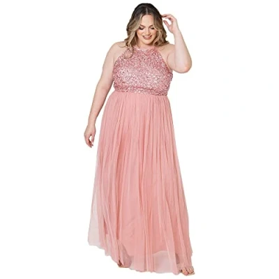 Abbildung von Maya Deluxe Damen Womens Ladies Bridesmaid Maxi Dress Halter Neck Sequin Embellished Prom Graduation Wedding Brautjungfernkleid, Blossom, 54