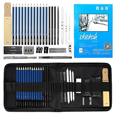 Abbildung von H &amp; B Professionelle Zeichensets Skizzierstifte Zeichnung Bleistifte Werkzeug Geeignet für Künstler Student Lehrer Anfänger(inkl. Skizzenbuch 33Stück) Profi Art Set mit und Kit Bag