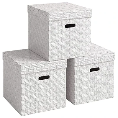Abbildung von VON Leitz 3er Set Aufbewahrungsbox mit Deckel, 29 L, Groß, 100 % Recyclingkarton, Geometrisches Design, Für Schule, Studium und Haushalt, Weiß, 3 Stück, 61430001