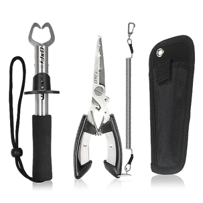 Abbildung von J&amp;D Angelzange und Fischlippenzange Set, Multifunktionale Edelstahl Zahnradhakenentferner mit Sicherheitsspule Scheide Lanyard für Süßwasser Salzwasserfischen, Schwarz
