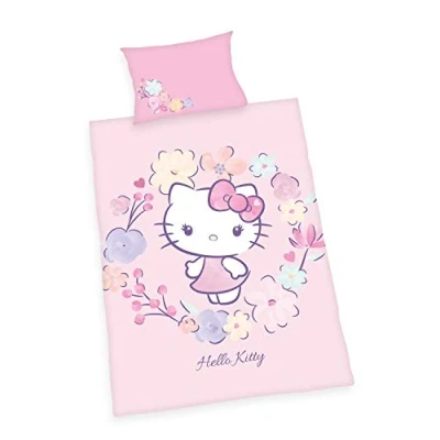 Abbildung von Herding Hello Kitty Bio Bettwäsche Set, GOTS zertifiziert, Wendemotiv, Kopfkissenbezug 40 x 60 cm mit Hoteleinschlag, Bettbezug 100 135 leichtläufigem Reißverschluss, Baumwolle/Renforcé