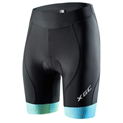 Abbildung von XGC Damen Kurze Radlerhose und Radunterhose Radsportshorts Fahrradhose für Frauen elastische 4D Schwamm Sitzpolster mit Einer hohen Dichte (L, Blue Green)