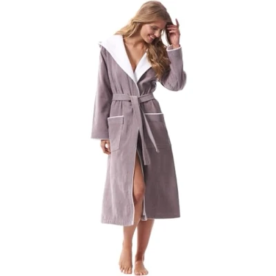 Abbildung von Morgenstern Damen Bademantel Baumwolle mit Kapuze in Taupe Sauna Frauen wadenlang Haus Mantel Größe XL Leonie