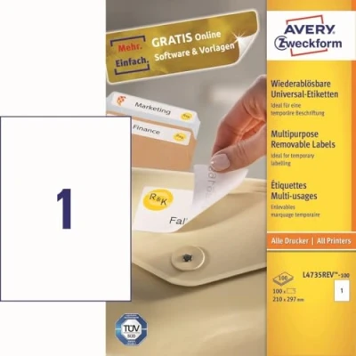 Abbildung von AVERY Zweckform L4735REV 25 Universal Etiketten (25 plus 5 Klebeetiketten extra, 210x297mm auf A4, wieder rückstandsfrei ablösbar/abziehbar, bedruckbar, selbstklebende Aufkleber) 30 Blatt, weiß