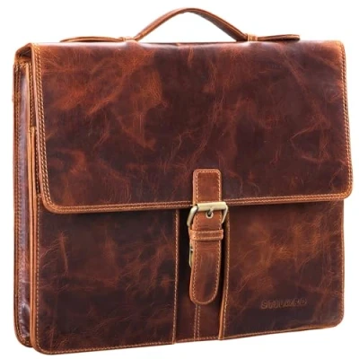 Abbildung von STILORD &#039;Aurelio&#039; Vintage Konferenzmappe Leder mit Griff A4 Aktentasche schmal Aktenmappe Dokumentenmappe Henkel für 13,3 Zoll MacBooks echtes Rindsleder, Farbe:kara cognac