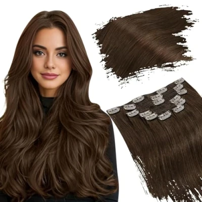 Abbildung von Ugeat Haarverlängerung Echthaar Clip in Extensions Schokobraun Menschliches Haar Remy Haarextension Clips Dicke Haare 35cm Doppelt Tressen 7 Stück 105g
