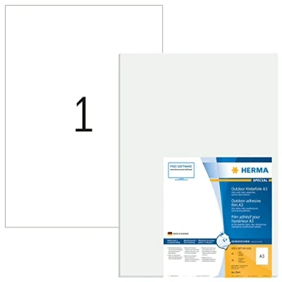 Abbildung von HERMA 9544 Wetterfeste Folienetiketten, 40 Blatt, 297 x 420 mm, 1 pro A3 Bogen, Stück, selbstklebend, bedruckbar, matt, blanko Outdoor Klebeetiketten Aufkleber aus Polyethylen, weiß