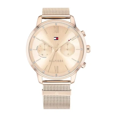 Abbildung von Tommy Hilfiger Multi Zifferblatt Quarz Uhr für Damen mit Rotgoldfarbenes Edelstahl Mesh Gliederarmband 1782303