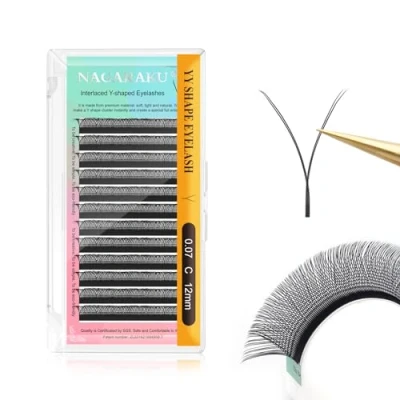 Abbildung von NAGARAKU YY Wimpernverlängerung Lashes Extensions 4D Kreuz Volumen Wimpern Vorgefertigte Ventilatoren Y Eyelash und Quer 12 Reihen Schwarz(0.07 C Curl 12mm）