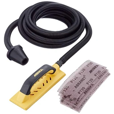 Abbildung von Mirka Handy Handschleifer Starter Kit I Schleifklotz Set mit Absaugung inkl 4m Absaugschlauch und 5 St. Abranet Netz Schleifstreifen Klett Korn P80 P120 P180 Staubfreies Schleifen KIT01HANDY