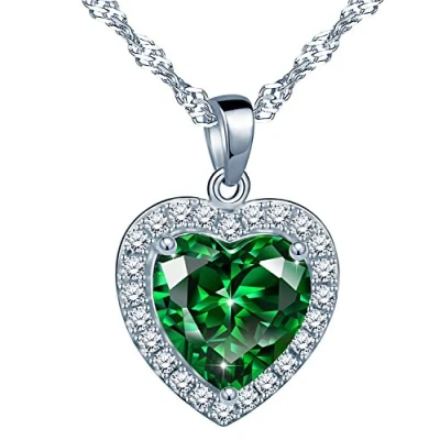 Abbildung von Yumilok 925 Sterling Silber Zirkonia Synthetisch Grün Smaragd Herz Anhänger Halskette Kette mit für Damen Mädchen