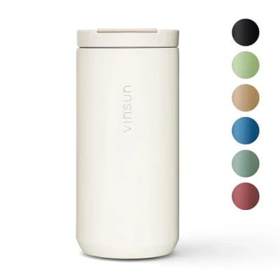 Abbildung von Vinsun Thermobecher Kaffee to go 380ml Edelstahl, auslaufsicher, doppelwandig isoliert Heiß &amp; Kaltgetränke creme weißer Kaffeebecher mit Deckel für Urlaub, Auto, Uni