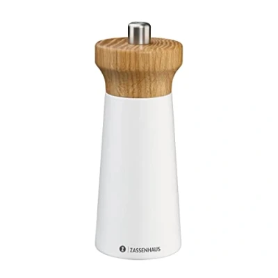 Abbildung von Zassenhaus Salzmühle Holz WESTERLAND weiß/Buchenholz Mühlenkopf aus Eichenholz mit stufenlos verstellbarem Hochleistungs Keramikmahlwerk Gewürzmühle für Salz 14 cm, Ø 5,4 cm