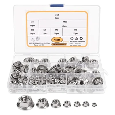 Abbildung von Belle Vous 140 Stück Edelstahl Muttern Set M3, M4, M5, M6, M8, M10 &amp; M12 Mutter Sechskant Sicherungs Sortiment mit Aufbewahrungsbox Gezahnter Flanschsatz für Heimwerker