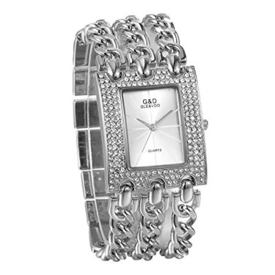 Abbildung von JewelryWe Damen Uhren Elegant Analog Quarz Armbanduhr Strass Rechteckig Beiläufige Uhr mit dreifach Panzerkette Armband Silber